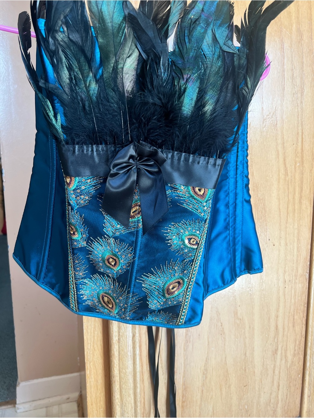 Peacock Feather Satin Corset Bustier with Feather Trim (size up)